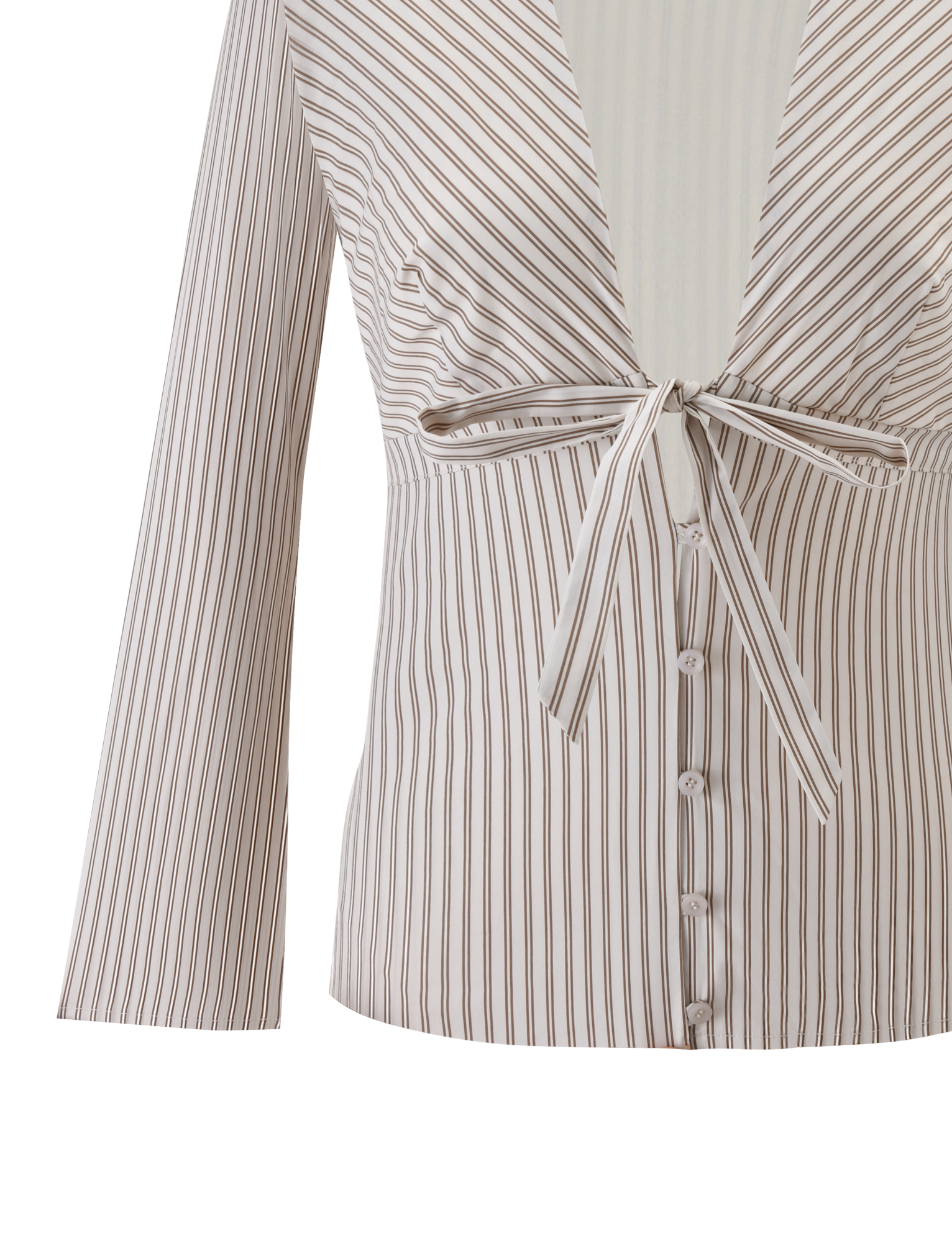 The SABRINE SHIRT by TIGERMIST in beige stripe features thin vertical brown stripes, a plunging V neckline, front tie at the bust, and buttons down the front.