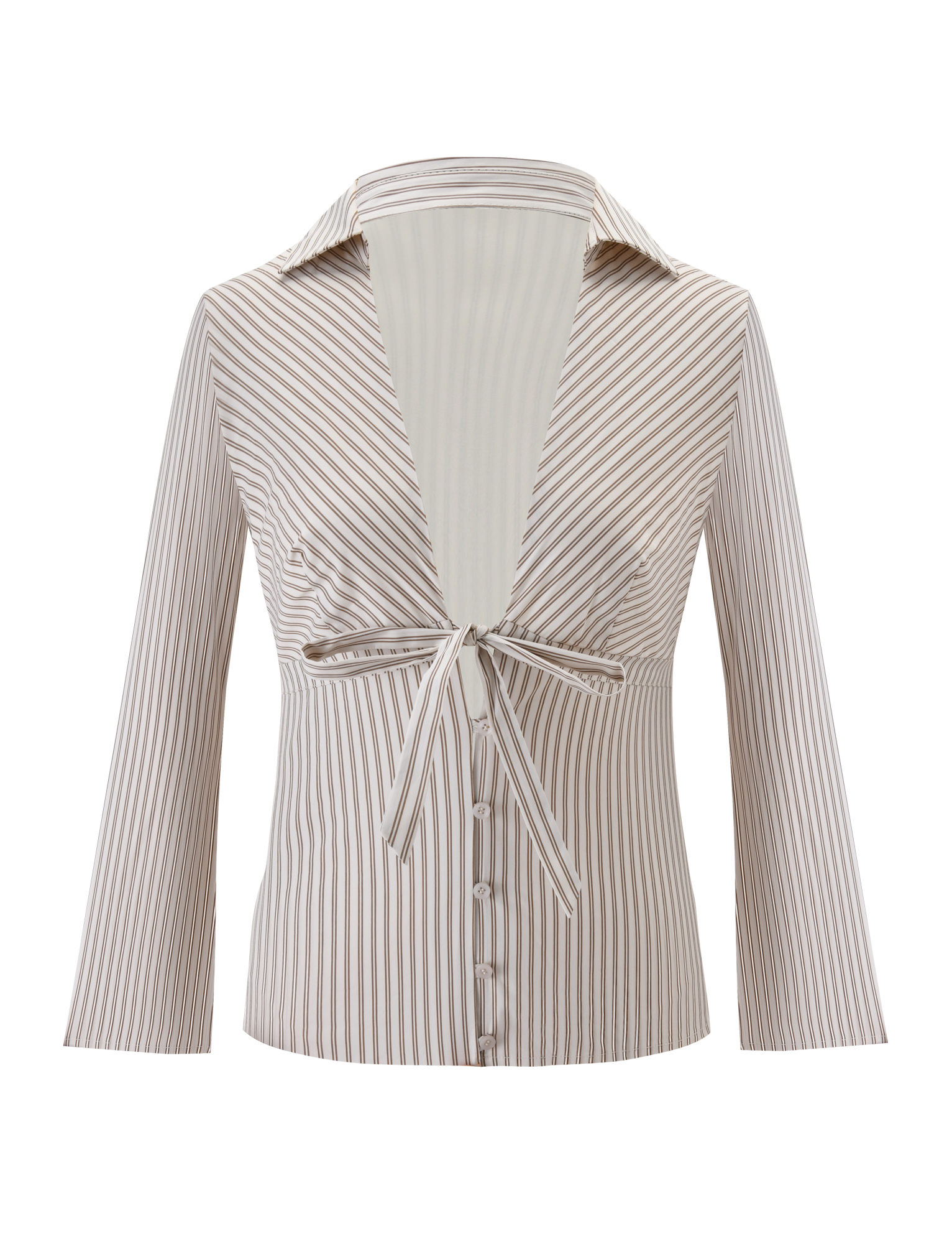 The SABRINE SHIRT by TIGERMIST features beige and white vertical stripes, long sleeves, a plunging V neckline with wide collar, front tie at the bust, and button-down front.