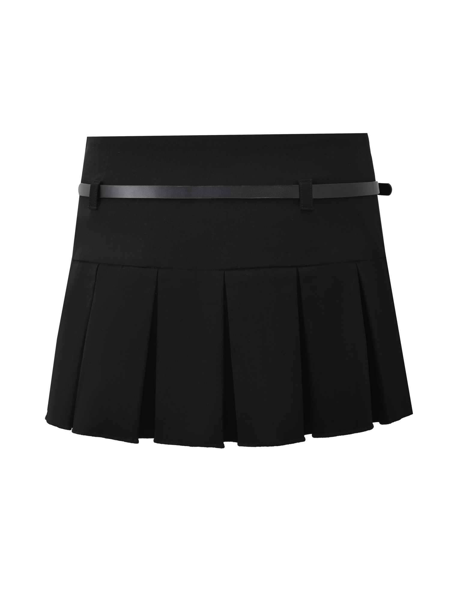 The TIGERMIST ANNELISE SKORT - BLACK is a pleated mini skort with a detachable PU belt and in-built shorts for comfort, displayed against a white background.