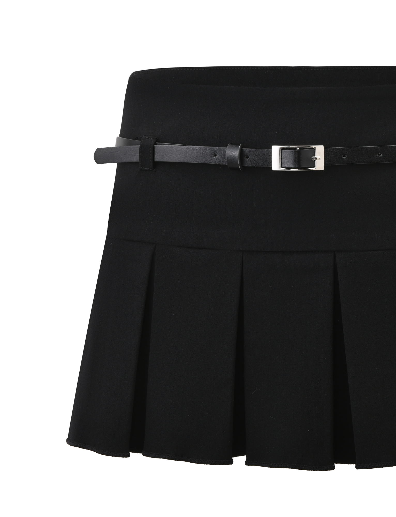 The ANNELISE SKORT - BLACK by TIGERMIST is a pleated black mini skort with a fitted waistband, in-built shorts, and a slim detachable PU belt with a silver buckle.