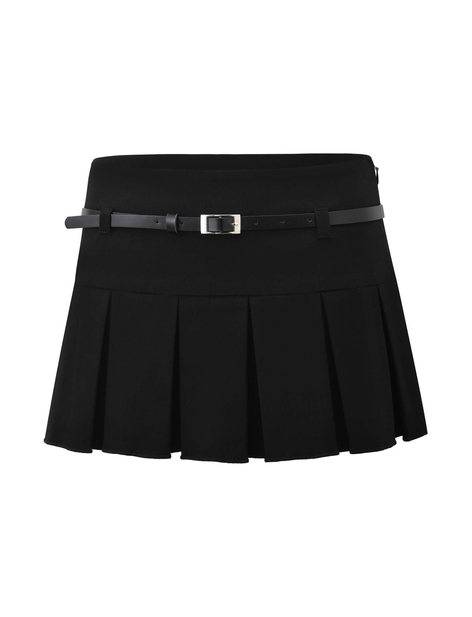 The ANNELISE SKORT - BLACK by TIGERMIST is a pleated mini skirt with in-built shorts and a thin detachable PU belt with a silver buckle, shown on a plain background.