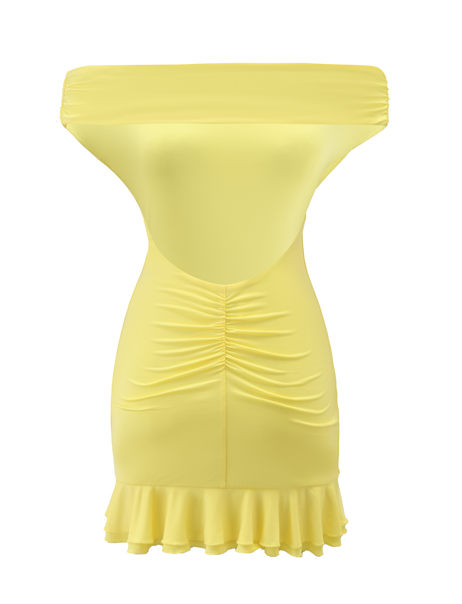 The TIGERMIST CLIA MINI DRESS - LEMON is a bright yellow off-shoulder mini dress with a frill hem and center front ruched detail, shown on a plain background for a chic, smooth, and fitted look.