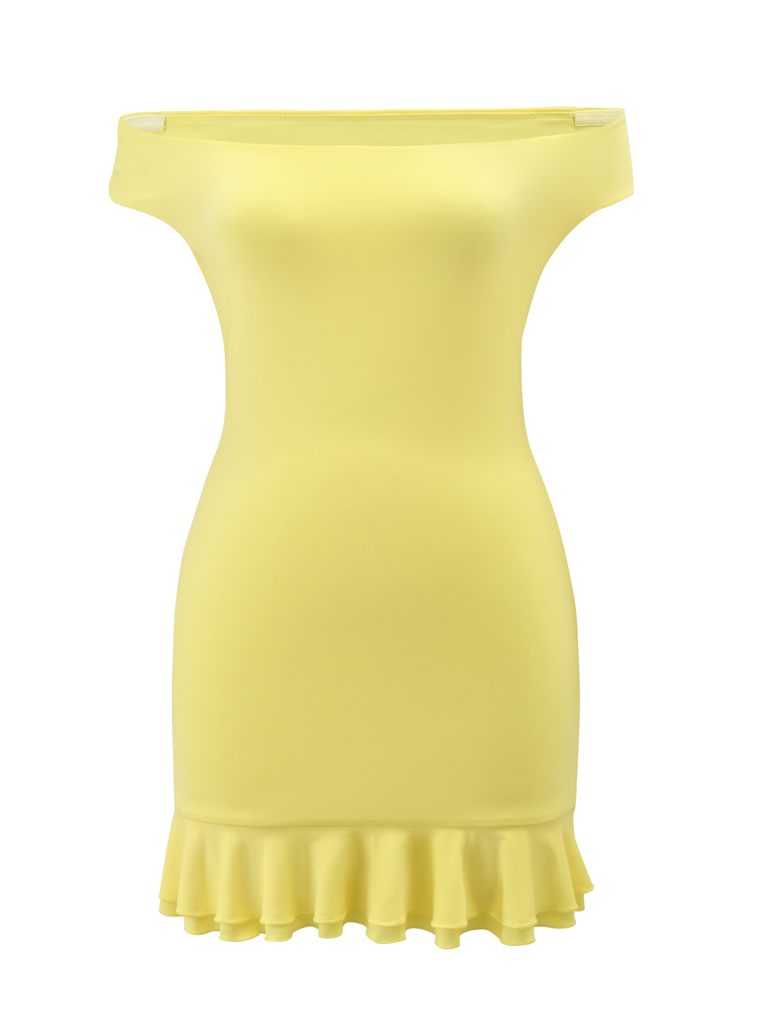 The CLIA MINI DRESS - LEMON by TIGERMIST is a fitted yellow mini dress with a frill hemline and off-the-shoulder design, shown against a plain background.