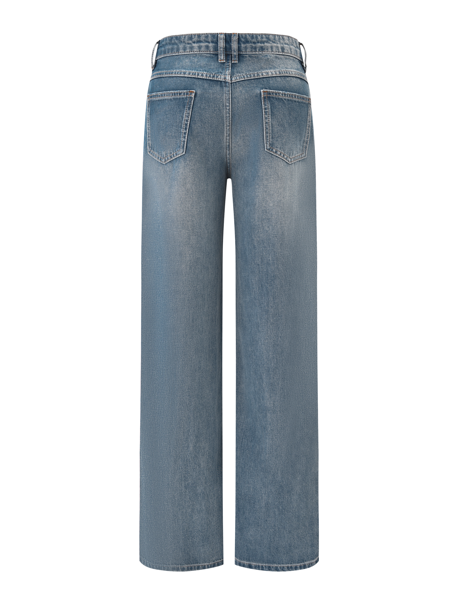 Back view of TIGERMIST ESTRELLA JEAN - MID WASH: high-waisted, relaxed straight leg blue jeans with two back pockets and visible stitching details.