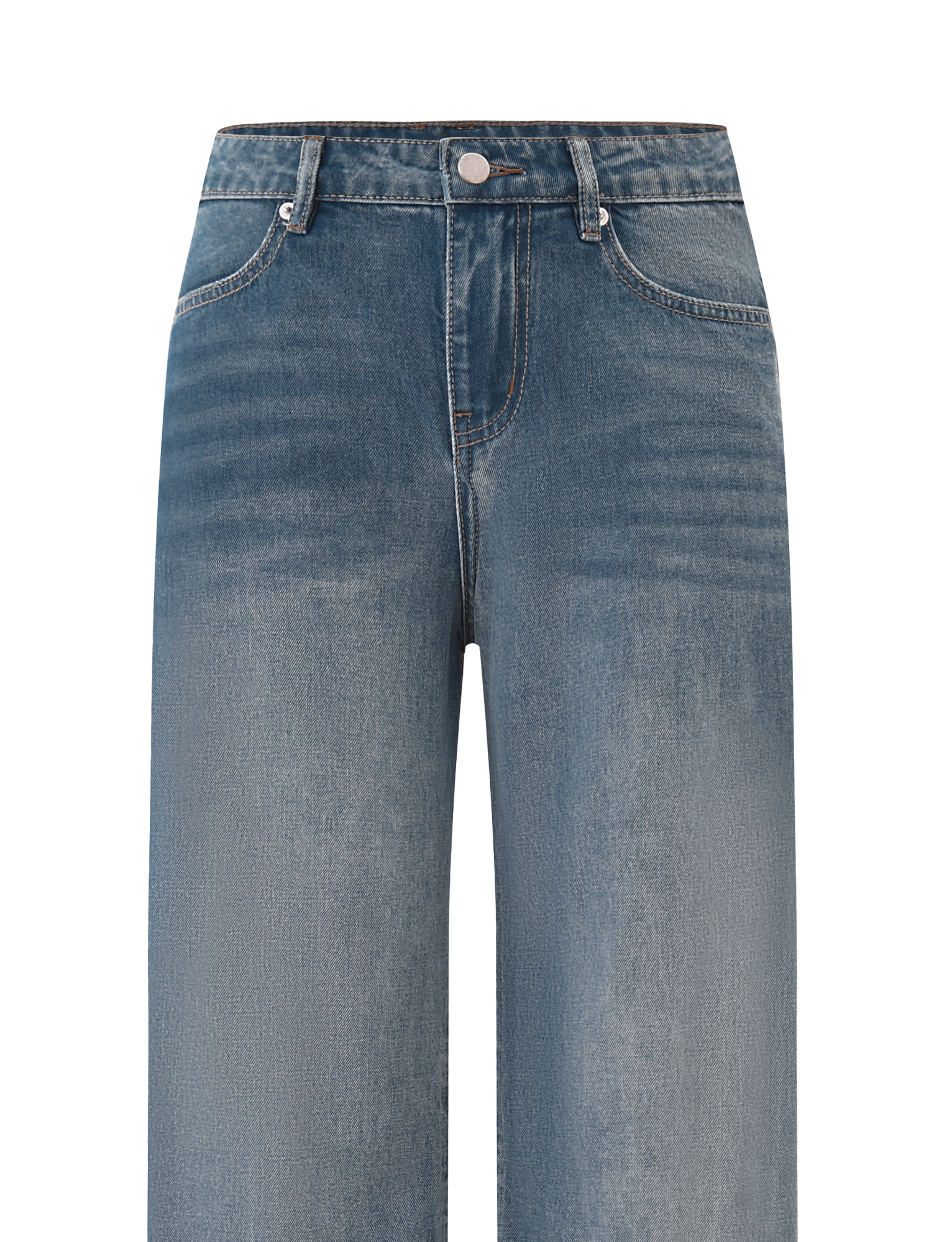The TIGERMIST ESTRELLA JEAN - MID WASH is a pair of high-waisted, rigid denim jeans with a button and zip closure, front pockets, relaxed straight leg fit, and subtle faded thigh detailing.