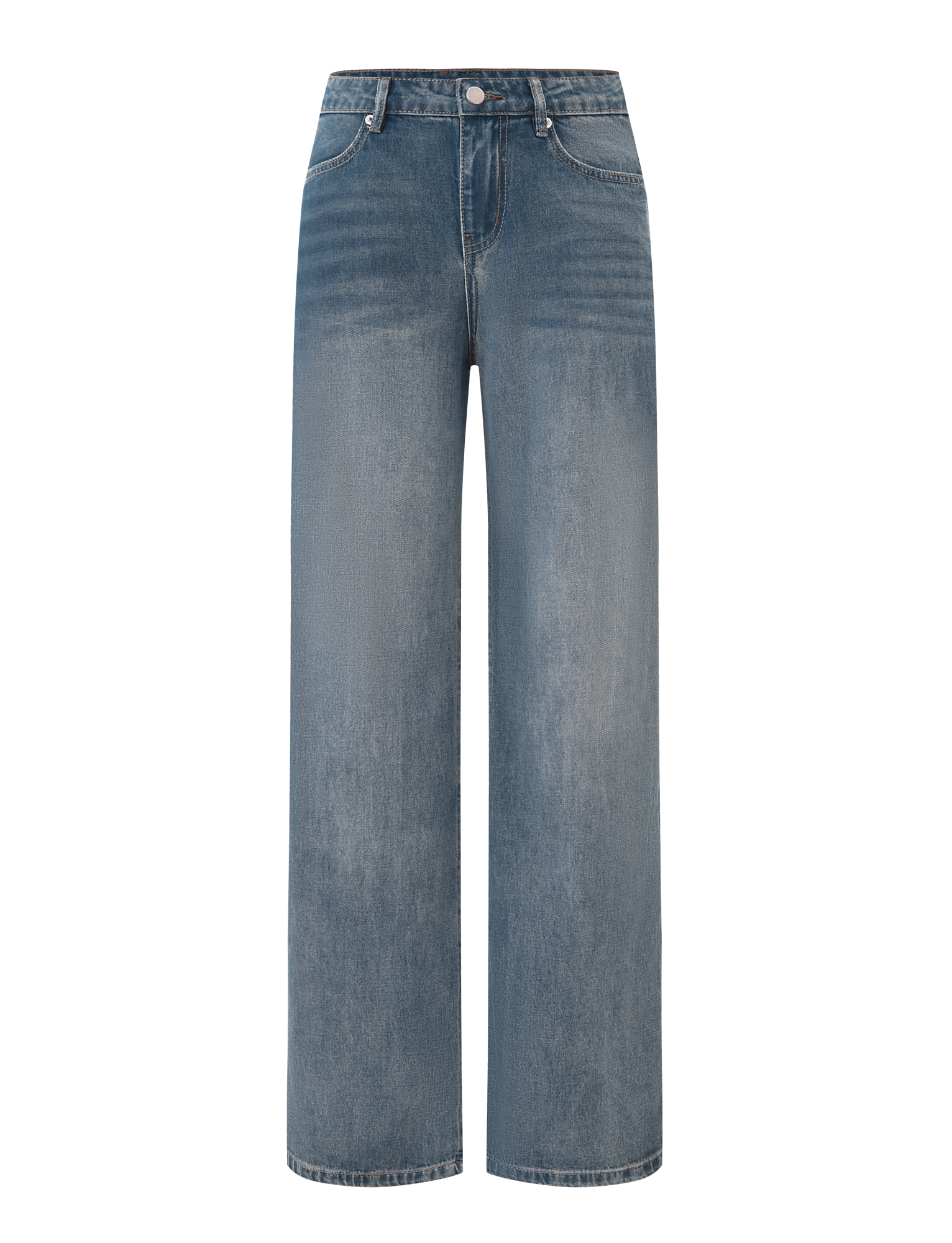 The ESTRELLA JEAN - MID WASH by TIGERMIST features a high waist, wide-leg fit, rigid denim, front and back pockets, button and zipper closure, and subtle thigh fading.
