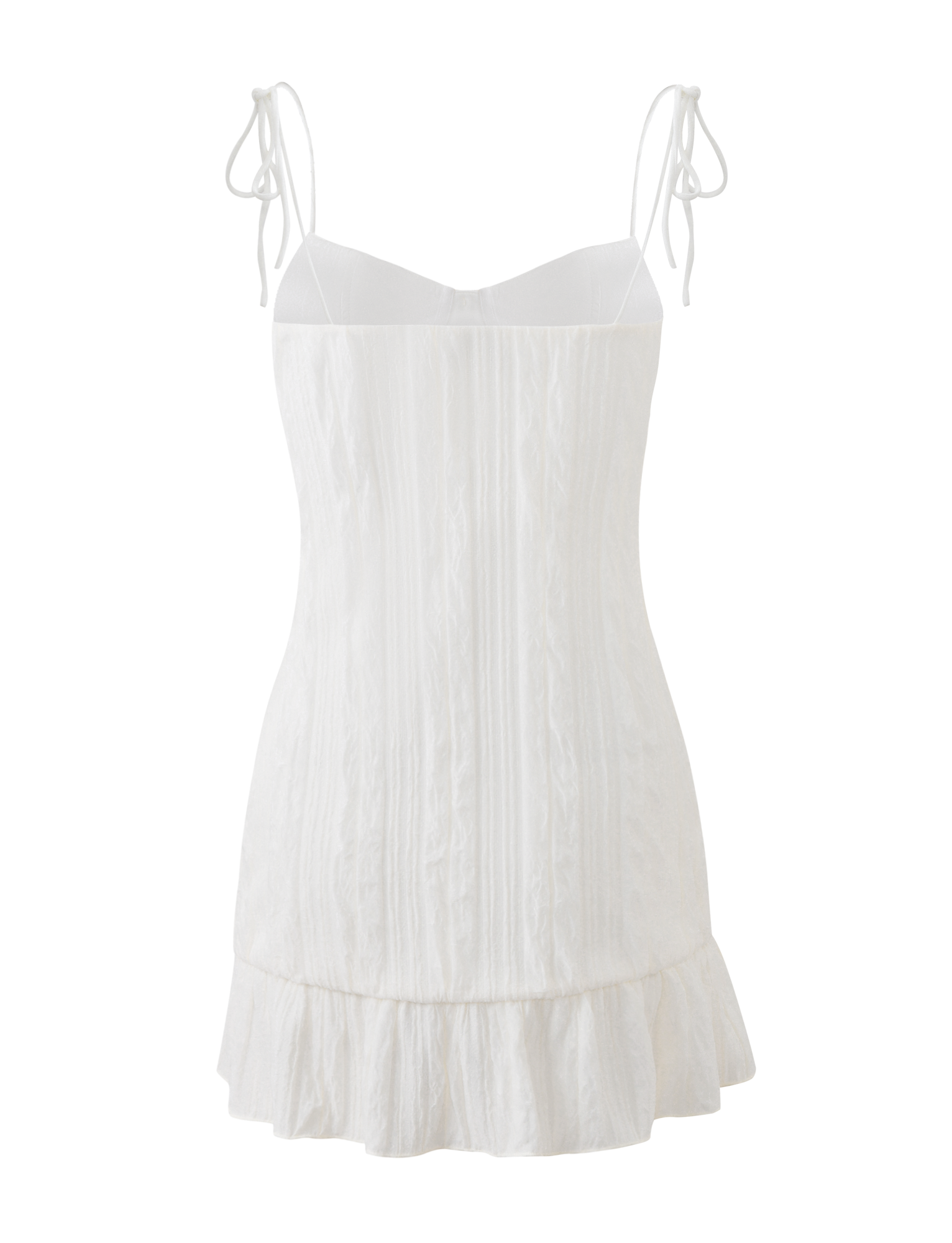The RANIA MINI DRESS - OFF WHITE by TIGERMIST features tie shoulder straps in bows, a frill hemline, textured fabric, and a fitted silhouette.