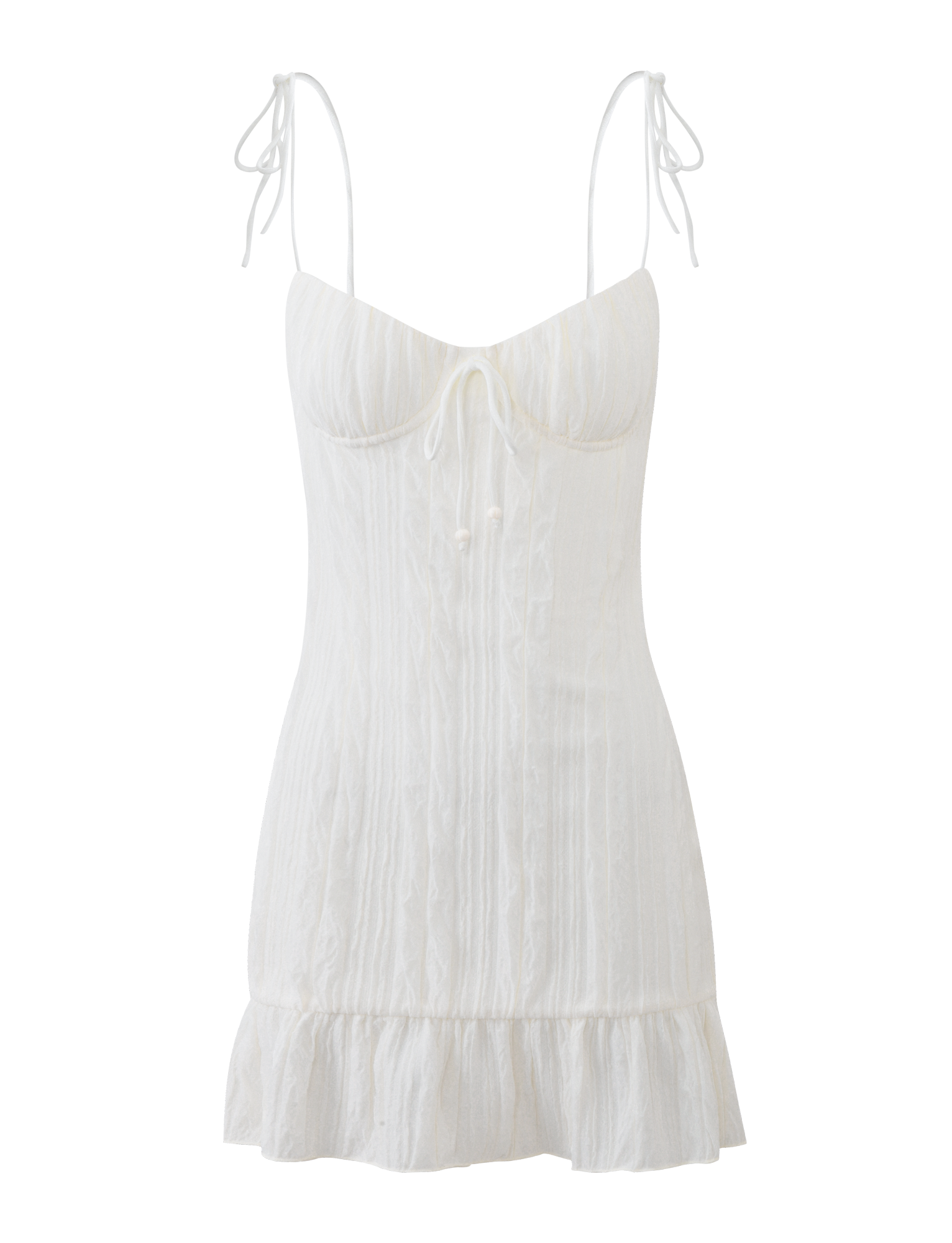 The TIGERMIST RANIA MINI DRESS in off white features tie shoulder straps, a sweetheart neckline, fitted bodice, decorative front bow, frill hemline, and a subtly textured fabric.