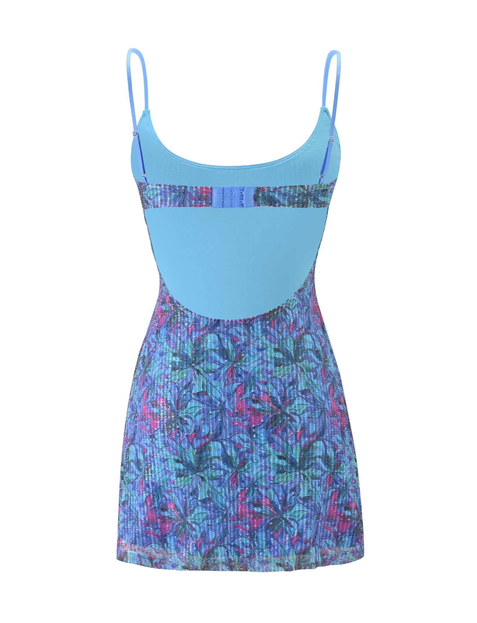 The ZEINA MINI DRESS by TIGERMIST features a sleeveless design with thin straps, a solid light blue bodice, and a floral sequin skirt in shades of blue, purple, and pink, shown against a plain background.