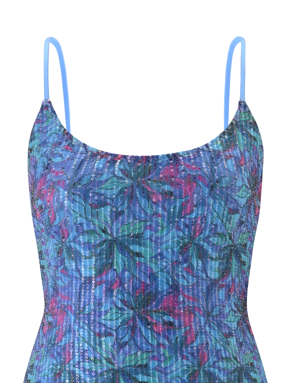 The ZEINA MINI DRESS by TIGERMIST is a sleeveless, blue floral sequin dress with thin straps and a blue, green, and purple leaf pattern. The top of the dress is shown against a white background.