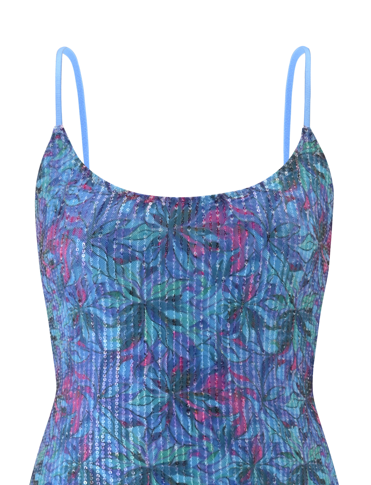 The ZEINA MINI DRESS by TIGERMIST is a sleeveless, blue floral sequin dress with thin straps and a blue, green, and purple leaf pattern. The top of the dress is shown against a white background.