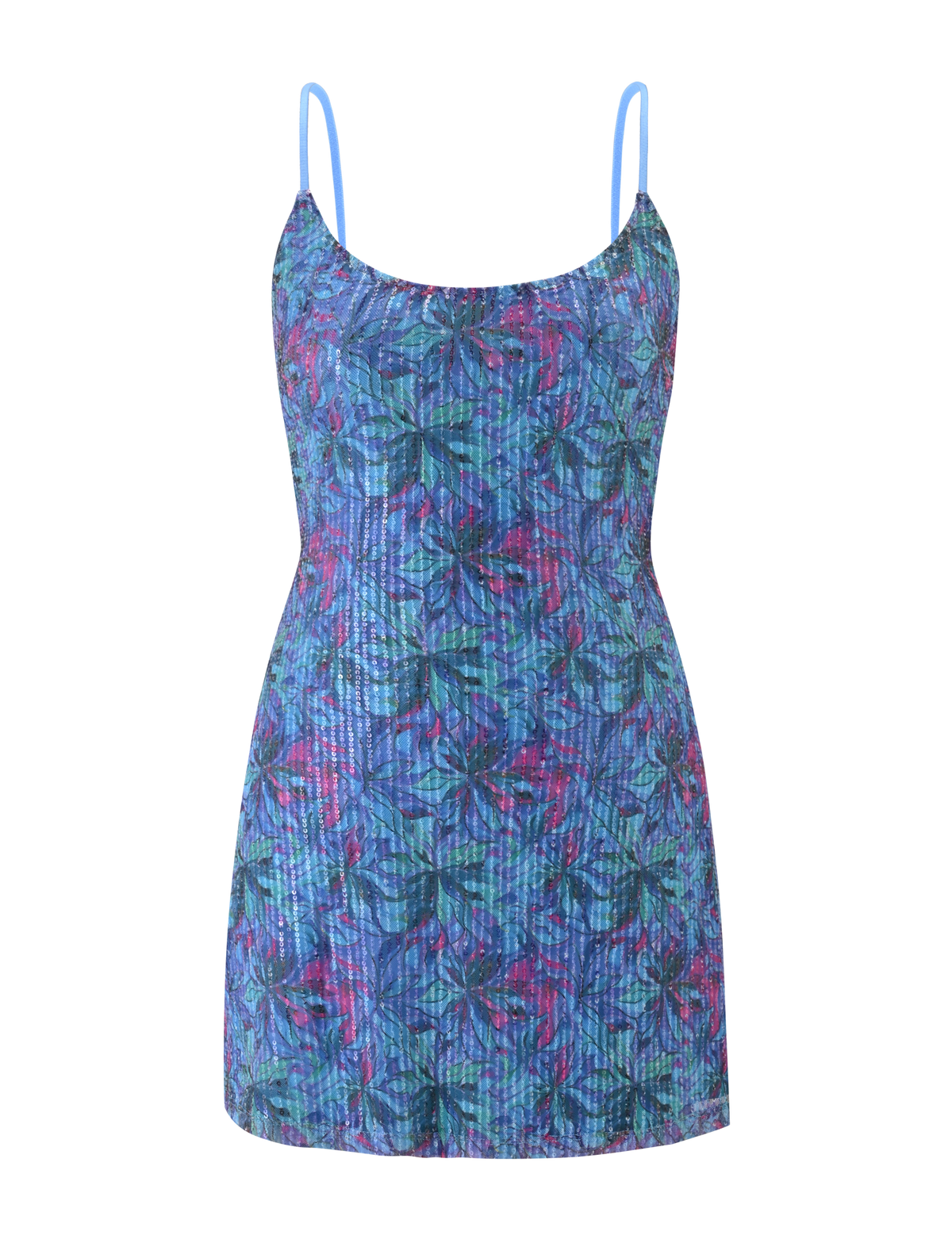 The ZEINA MINI DRESS by TIGERMIST is a sleeveless, blue floral sequin dress with thin straps and a vibrant green, pink, and purple pattern on textured fabric.