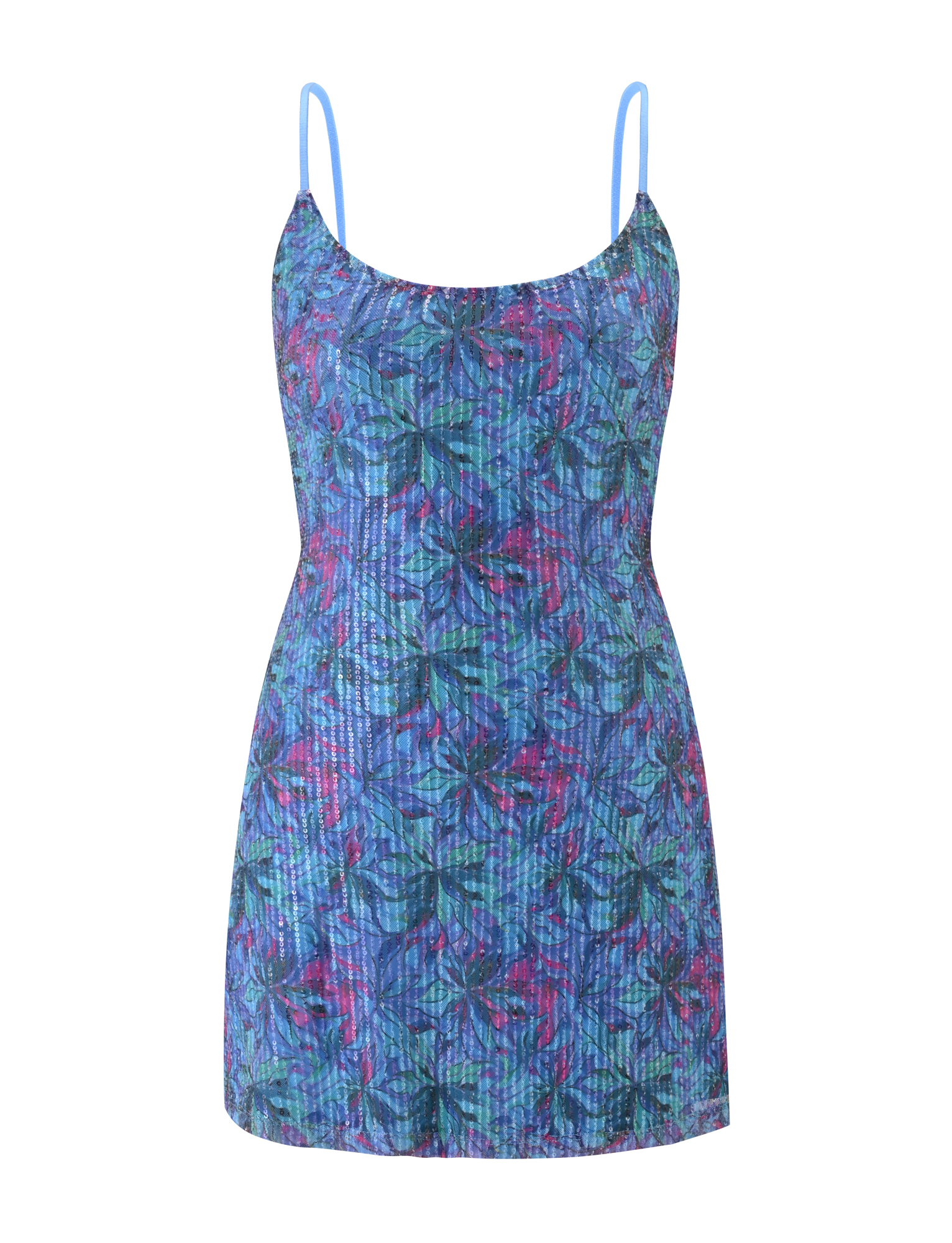 The ZEINA MINI DRESS by TIGERMIST is a sleeveless, blue floral sequin dress with thin straps and a vibrant green, pink, and purple pattern on textured fabric.