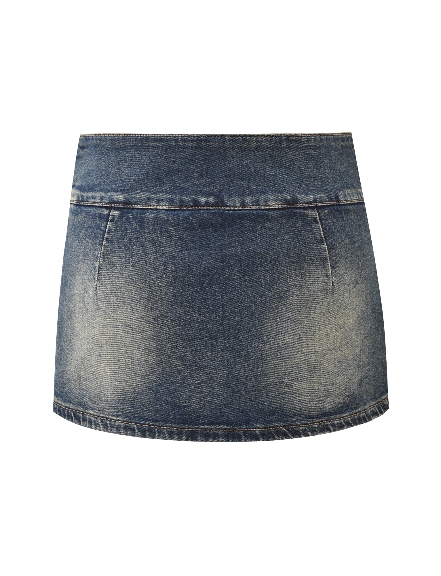 The LUPITA SKORT - MID WASH by TIGERMIST is a blue denim mini skort with a faded wash, wide waistband, front pockets, and built-in shorts. Its simple, straight design is shown on a white background.