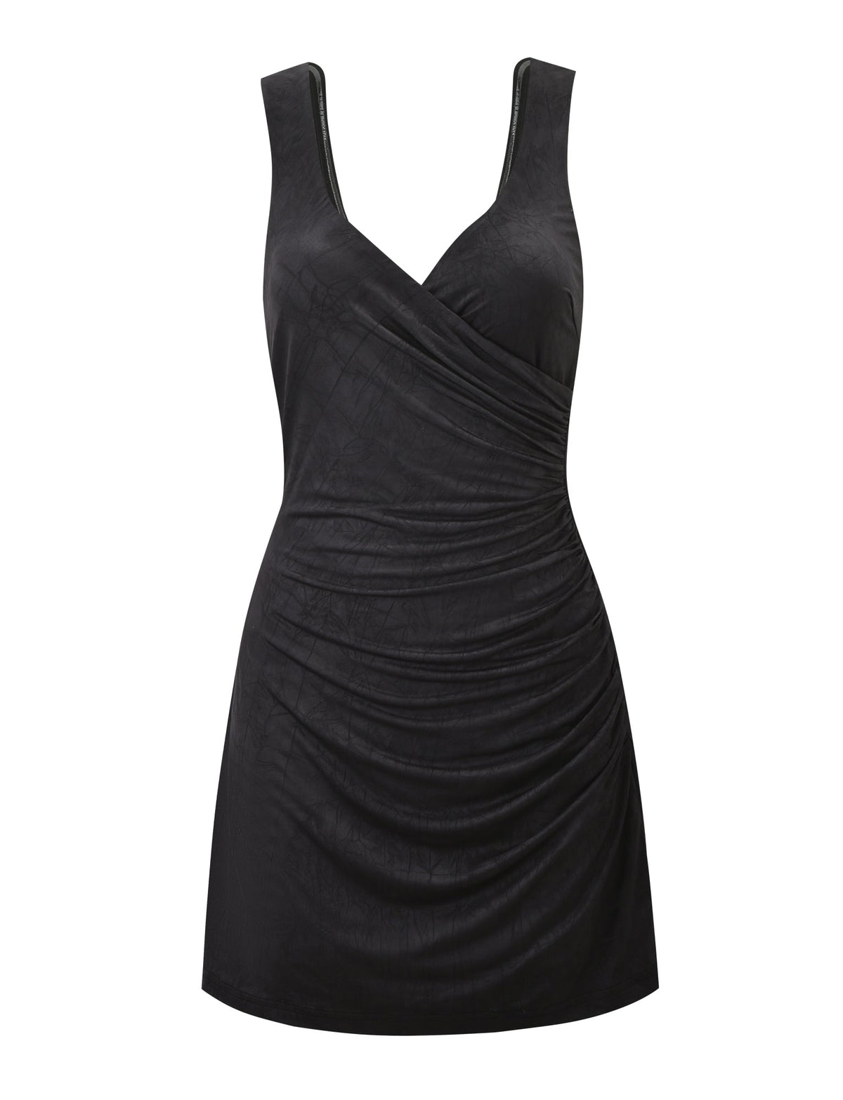 The TIGERMIST NURA MINI DRESS in black is a sleeveless mini dress with a V-neck, wrap-style front, ruched side detailing, and an open back.