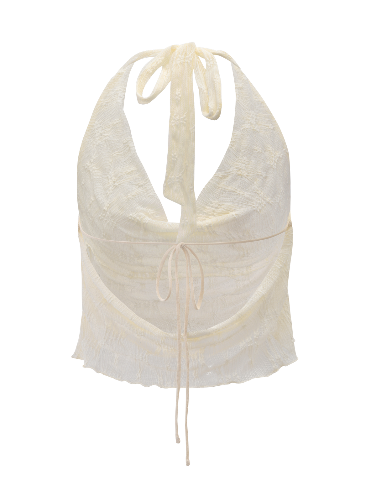 The KATERINA TOP – IVORY LACE by TIGERMIST features a cream ivory halter design with deep neckline, keyhole front, and adjustable ties. Its sheer floral lace fabric adds an elegant, feminine touch.