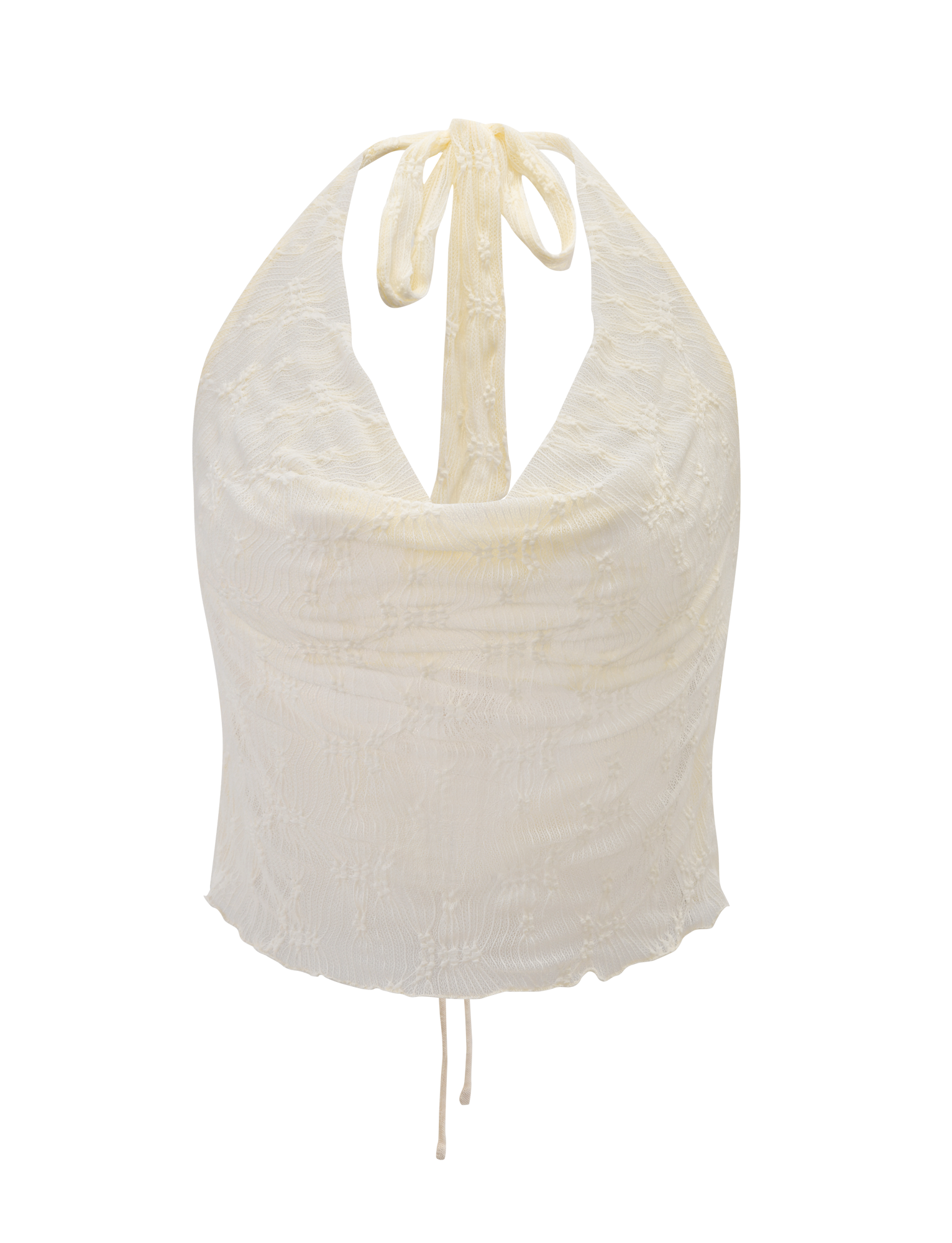 The KATERINA TOP - IVORY LACE by TIGERMIST is a cream-colored cowl neck halter with neck tie and ruched front detail, shown against a white background.