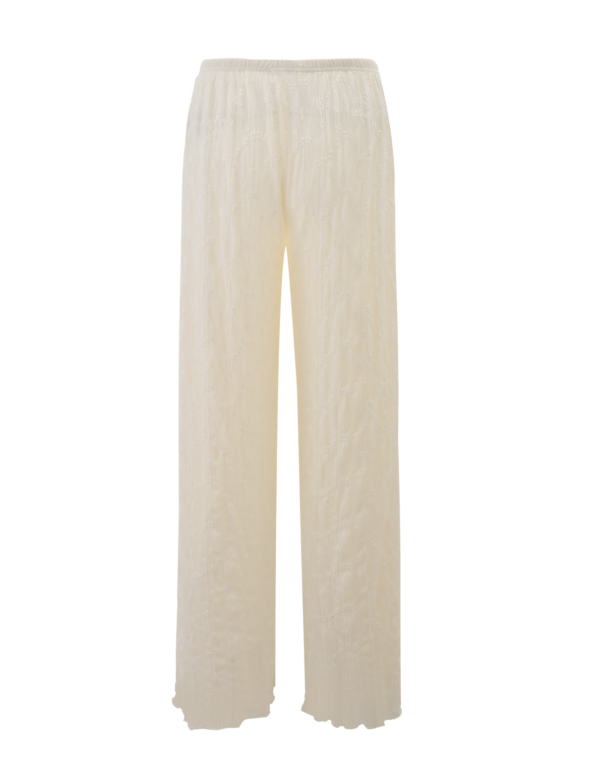 The TIGERMIST KATERINA PANT - IVORY LACE features cream-colored wide-leg pants with a subtle floral lace pattern and an elastic waistband, shown on a plain white background.