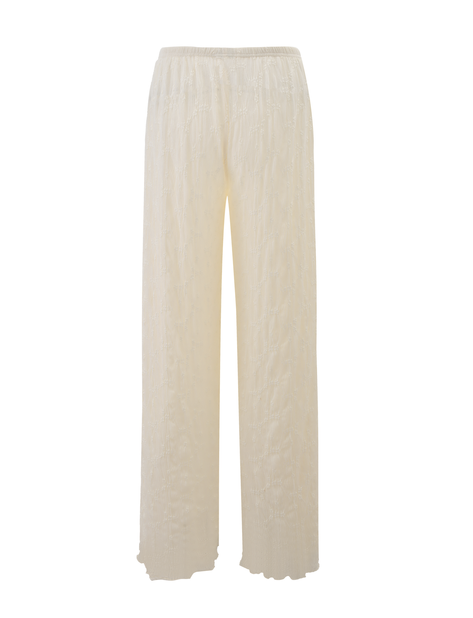 The TIGERMIST KATERINA PANT - IVORY LACE features cream-colored wide-leg pants with a subtle floral lace pattern and an elastic waistband, shown on a plain white background.