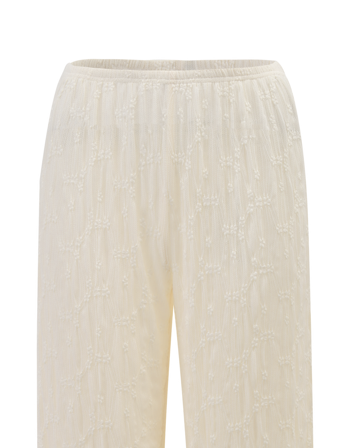 Close-up of TIGERMIST's KATERINA PANT in ivory lace, showcasing an elastic waistband and delicate embroidered floral lace over sheer fabric.
