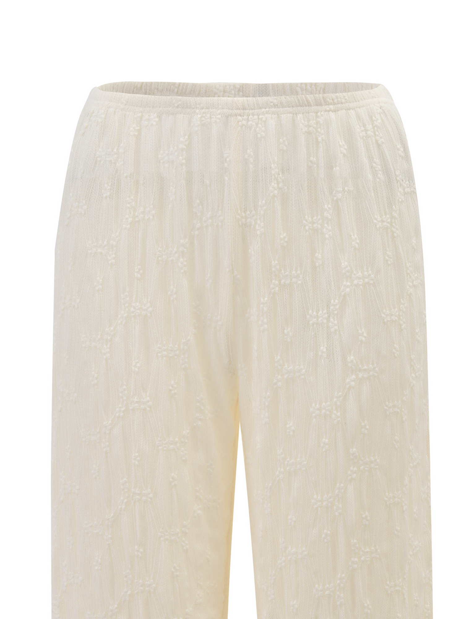 Close-up of TIGERMIST's KATERINA PANT in ivory lace, showcasing an elastic waistband and delicate embroidered floral lace over sheer fabric.