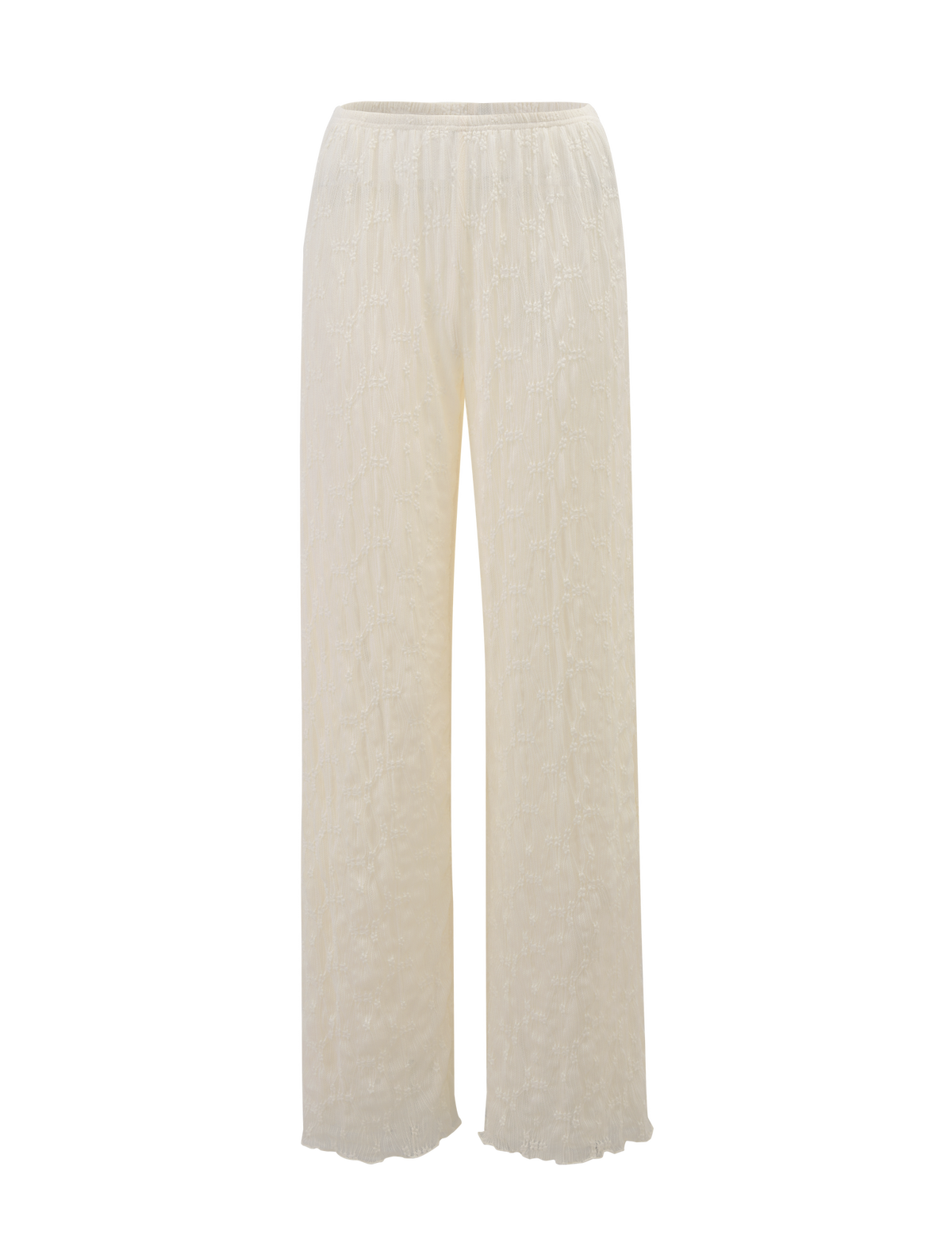 The TIGERMIST KATERINA PANT - IVORY LACE features wide legs, a high waist, and an elastic waistband, designed in lightweight ivory fabric with a subtle textured floral lace for effortless style.