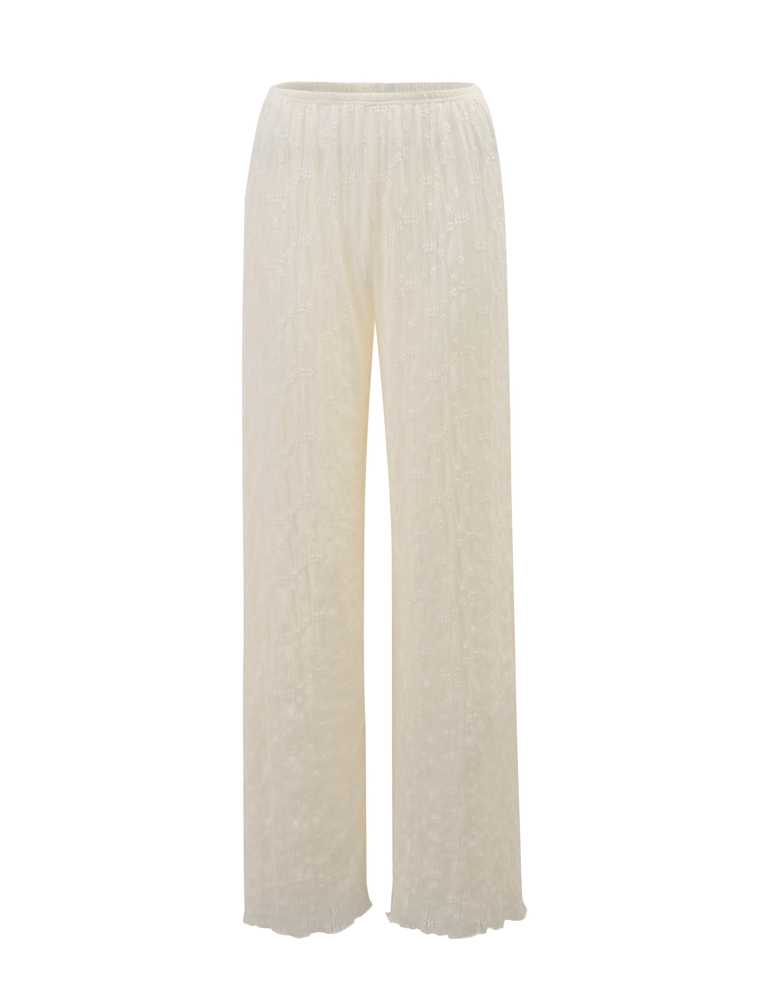 The TIGERMIST KATERINA PANT - IVORY LACE features wide legs, a high waist, and an elastic waistband, designed in lightweight ivory fabric with a subtle textured floral lace for effortless style.