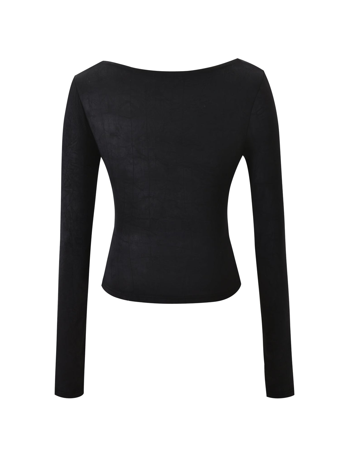 The TIGERMIST SAFFIRA LONG SLEEVE TOP in black features a fitted silhouette, boat neckline, and chic back keyhole detail, displayed against a white background.