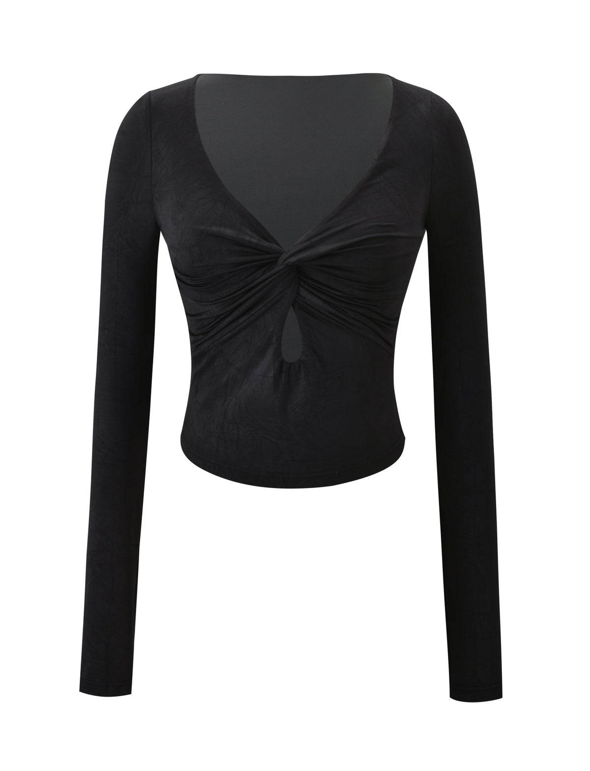 The SAFFIRA LONG SLEEVE TOP by TIGERMIST is a black top with a low-cut V neckline, front twist detail, and keyhole accent beneath the twist, shown on a plain white background.