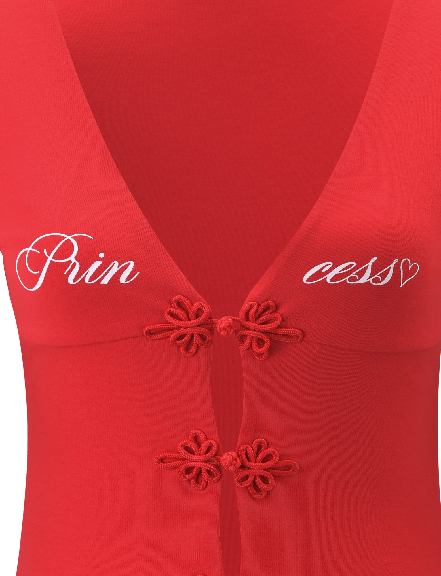 Close-up of the TIGERMIST SAVINA TOP in red, featuring a deep V-neckline, decorative frog closures, and a "Princess" graphic with a heart detail on the chest.