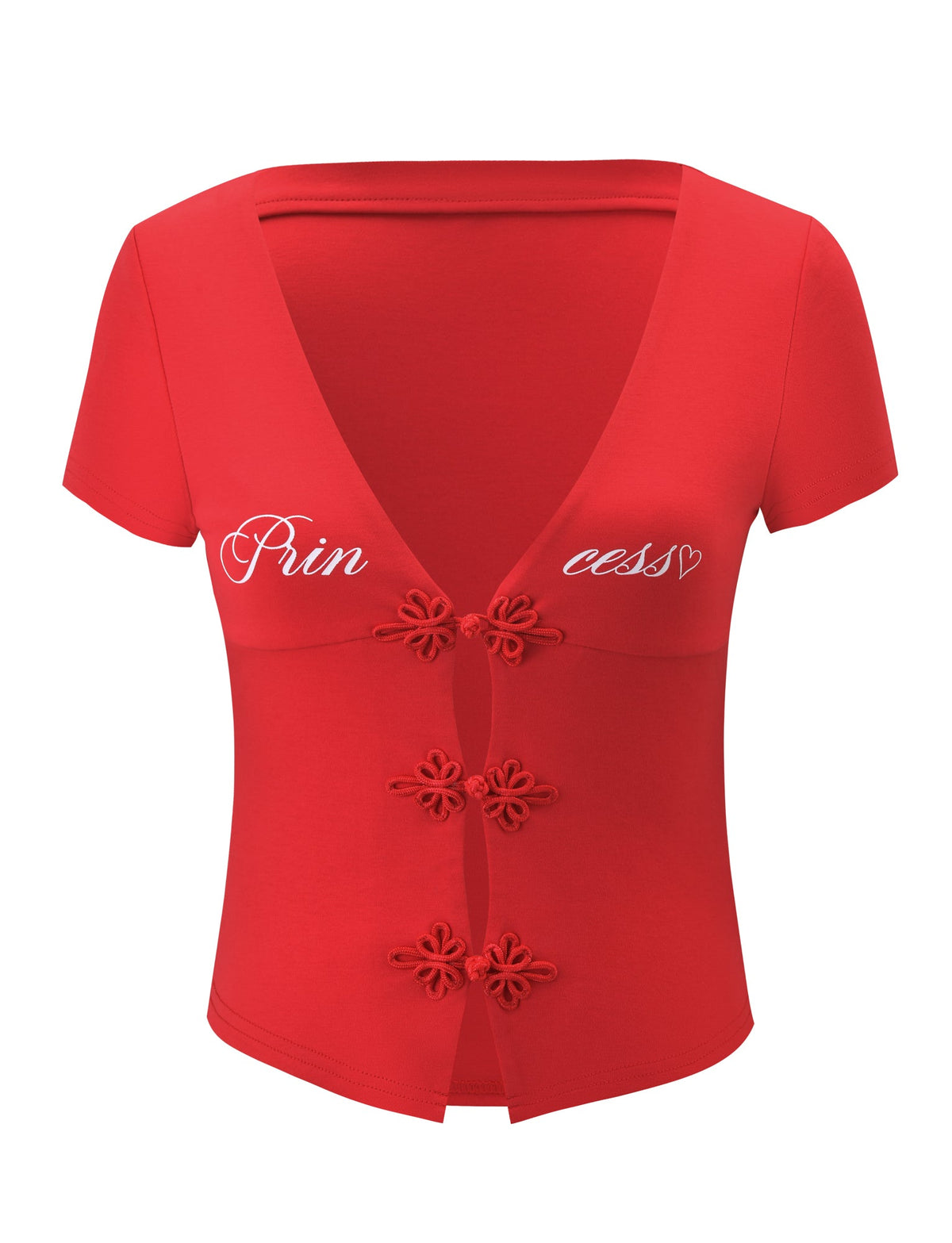 The TIGERMIST SAVINA TOP - RED features a deep V-neck, embroidered front buttons, and a white princess script with a heart graphic split across the chest.