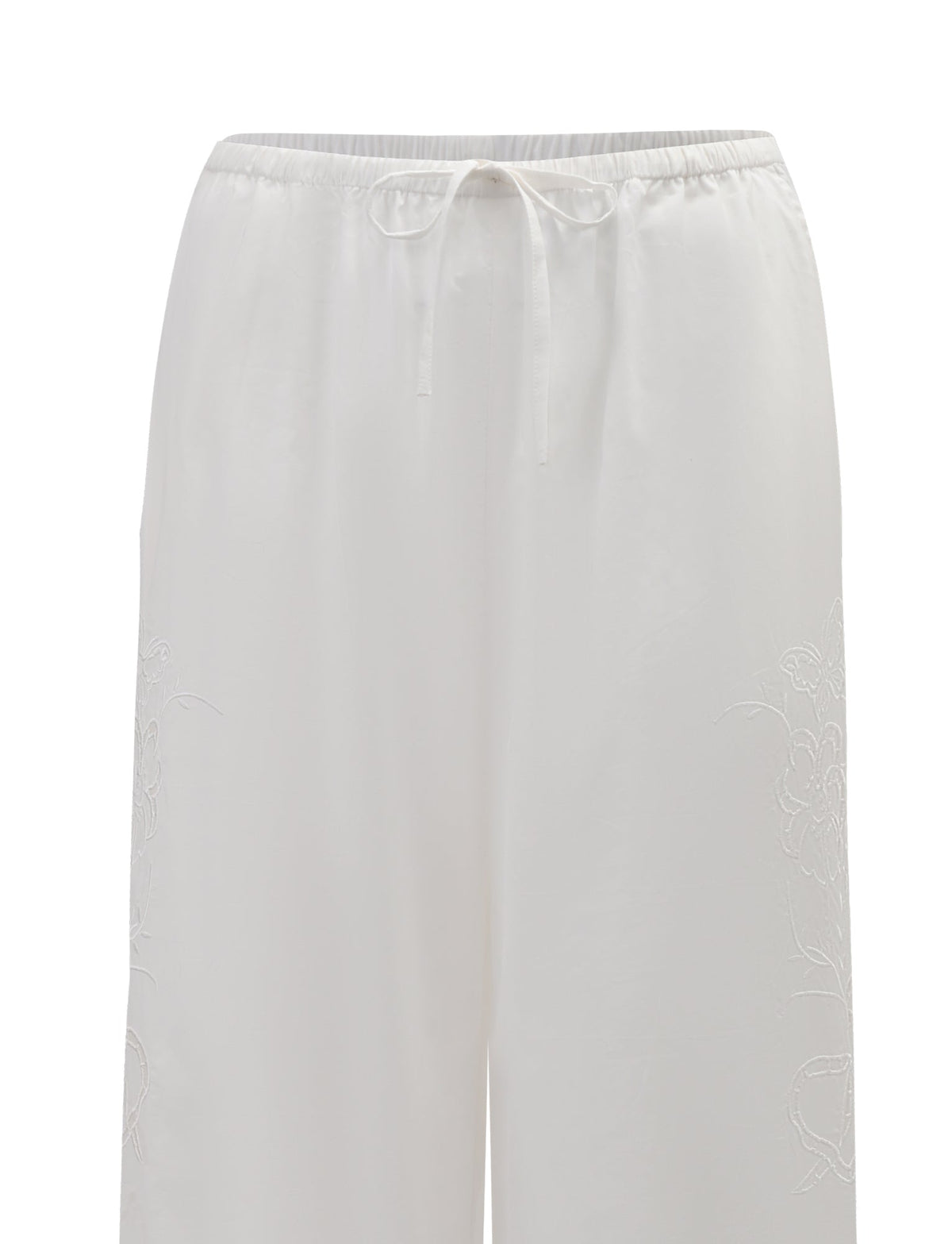 The TIGERMIST CRESSY PANT in white features a wide-leg cotton design with an elastic waistband, front drawstring, and subtle side embroidery.