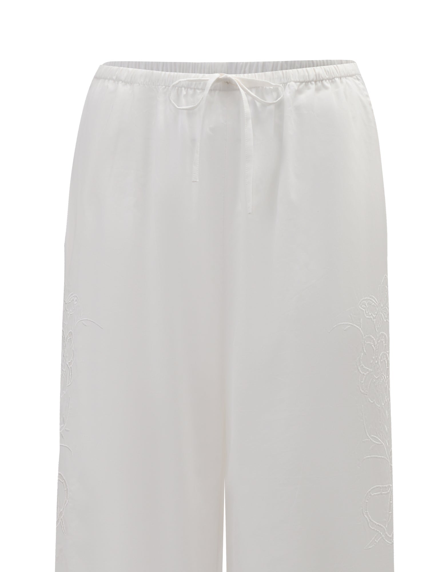 The TIGERMIST CRESSY PANT in white features a wide-leg cotton design with an elastic waistband, front drawstring, and subtle side embroidery.