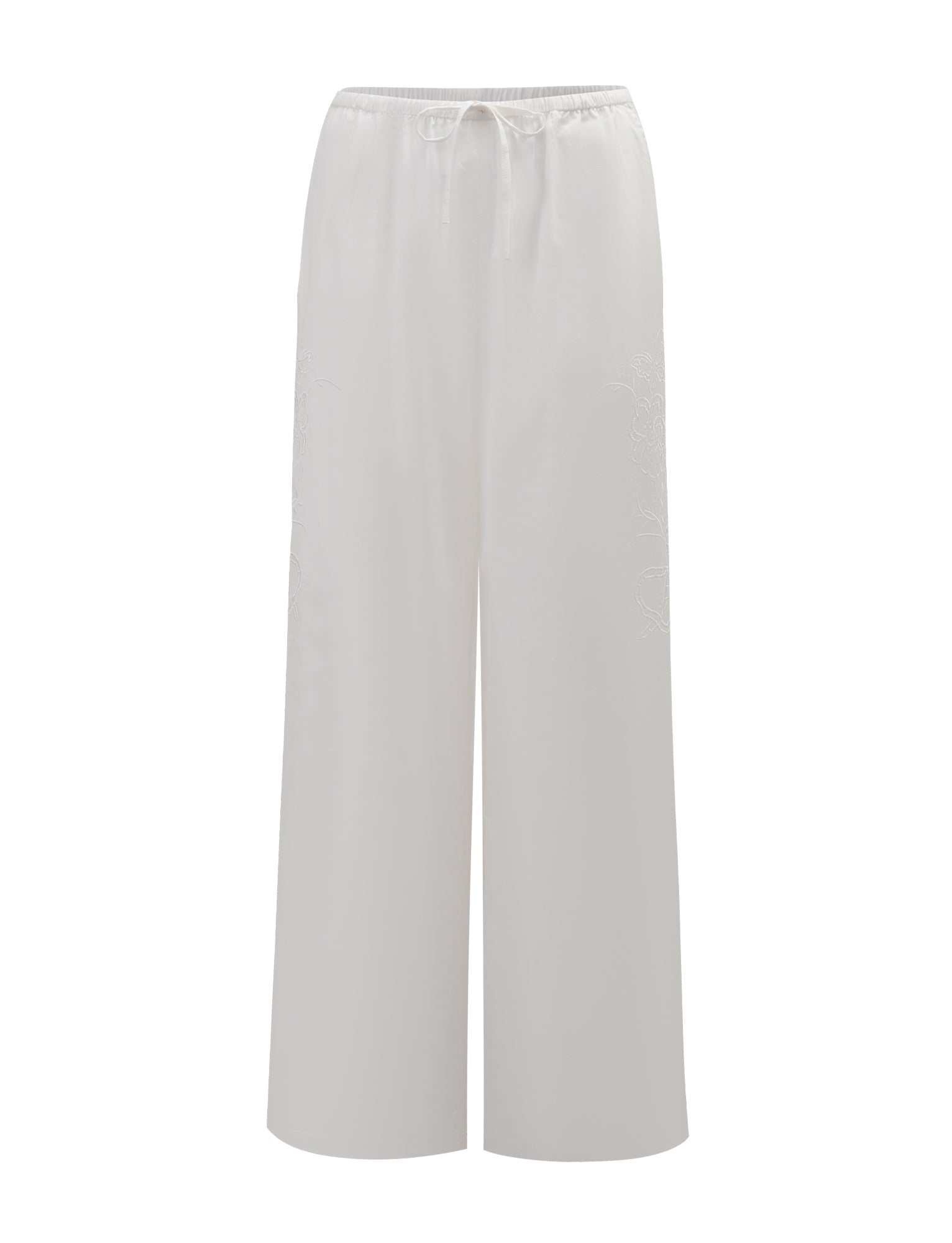 TIGERMIST CRESSY PANT in white features a loose fit, wide-leg design, elastic waistband with drawstring, and subtle embroidered details, shown against a plain white background.