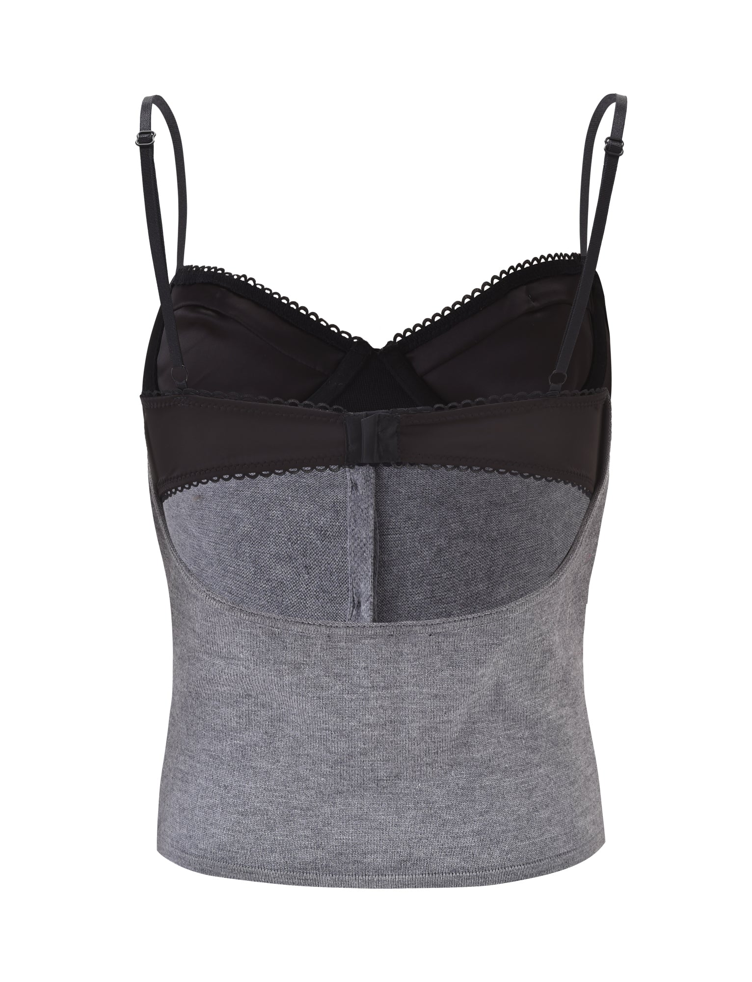 The ROWENA TOP - GREY by TIGERMIST is a sleeveless, cropped knit tube top featuring an attached bra, adjustable black straps, decorative top edging, and a vertical back seam.