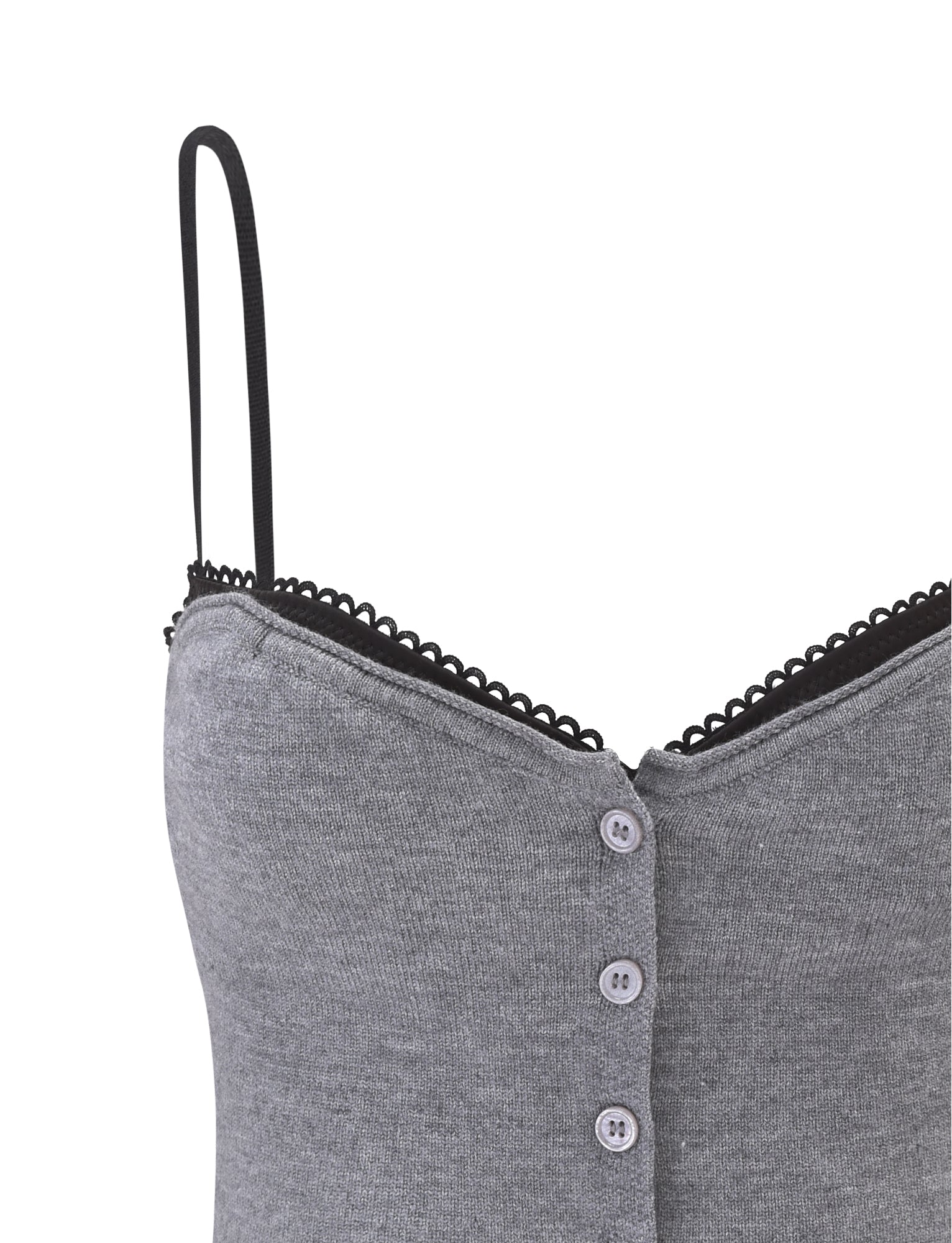 Close-up of the TIGERMIST ROWENA TOP - GREY, a knit tube top with black lace-trimmed neckline, three front buttons, and thin adjustable straps, shown against a plain white background.
