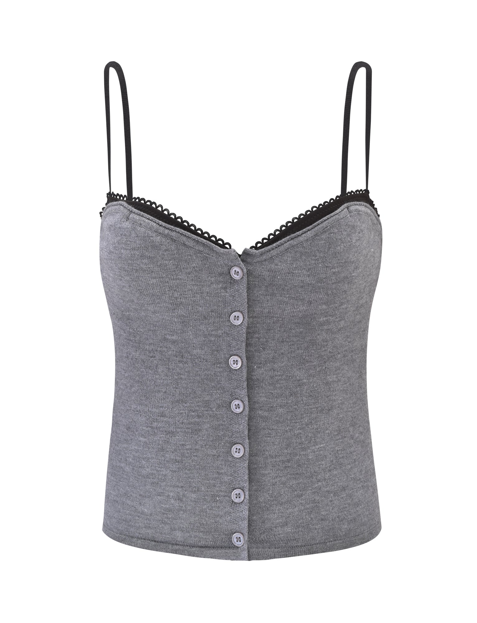 The ROWENA TOP - GREY by TIGERMIST features a soft, fitted ribbed design with thin black adjustable straps, black lace trim at the neckline, and small gray buttons down the front for stylish comfort.