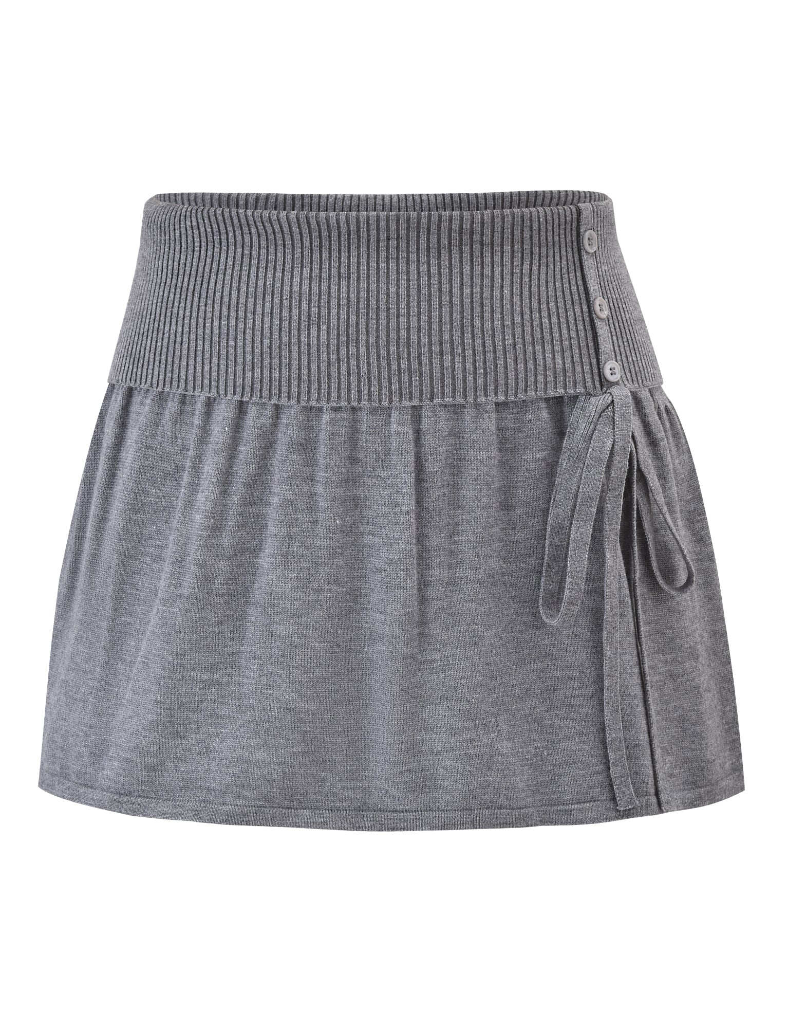 The TIGERMIST ROWENA MINI SKIRT - GREY features a ribbed waistband, decorative side buttons, a right-side tie, and a slightly flared silhouette for a relaxed, casual look.