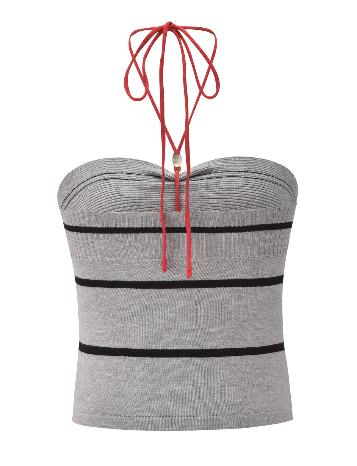 The NOUR TOP - GREY STRIPE by TIGERMIST is a gray knit tube top with black stripes, a red halter neck tie, and a silver bead accent at the front.