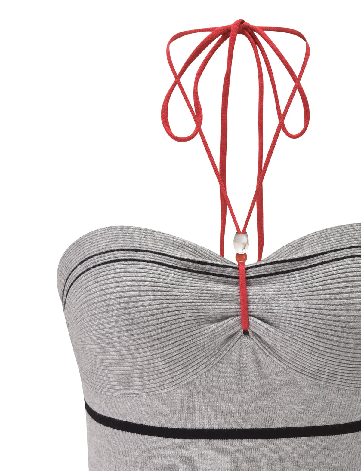 The NOUR TOP - GREY STRIPE by TIGERMIST is a strapless grey striped knit tube top featuring a gathered front and red halter ties tied in a bow at the neck.