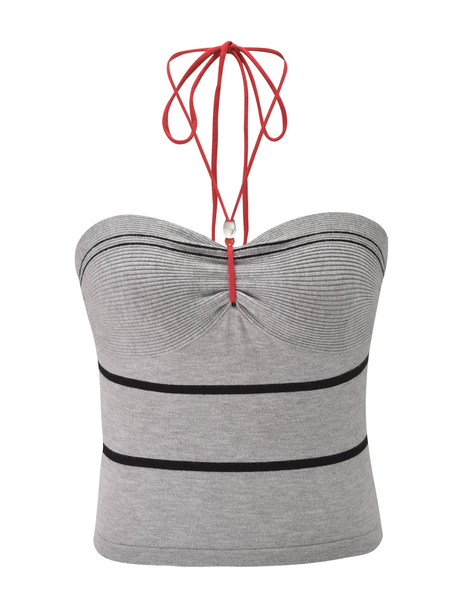 The TIGERMIST NOUR TOP - GREY STRIPE is a strapless gray tube top with black horizontal stripes, a gathered front, and a red halter neck tie.