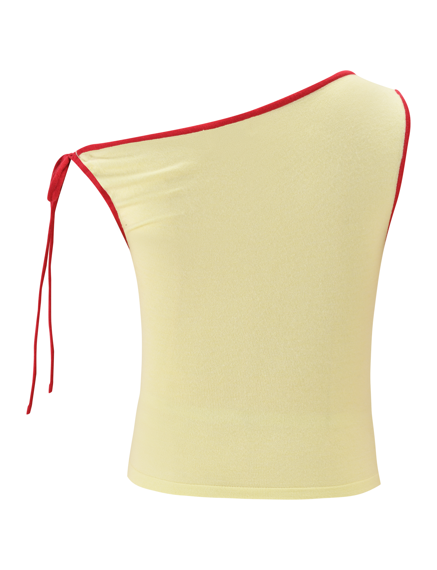 The ALIRA TOP by TIGERMIST is a yellow off-shoulder top with an asymmetrical neckline and a bold red tie on the left shoulder, shown against a plain background.