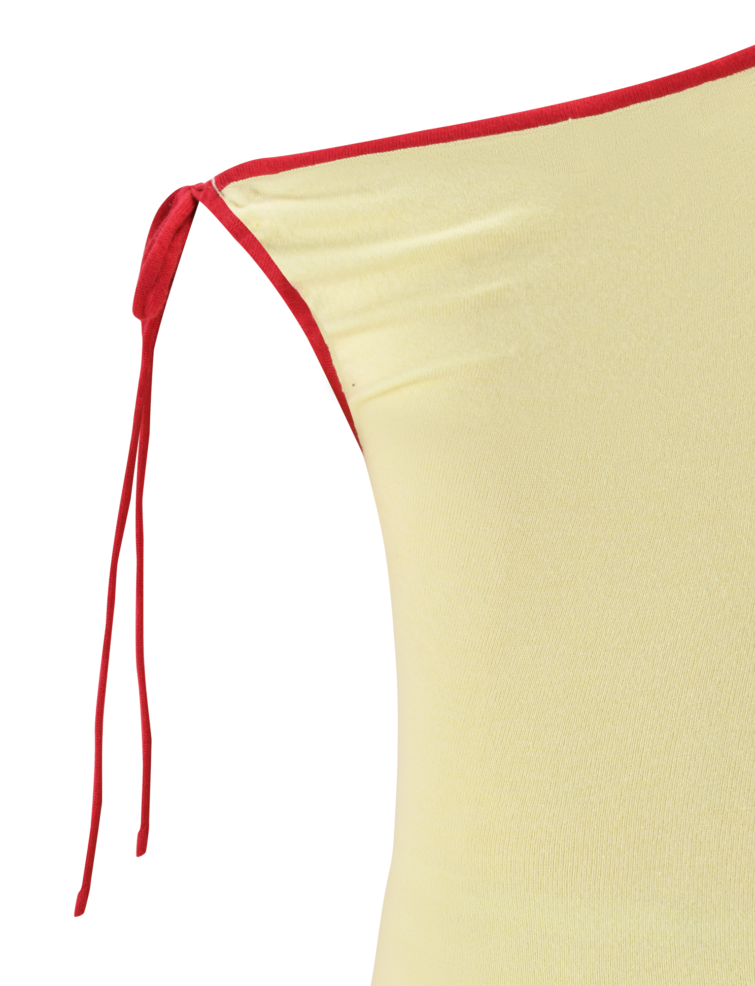 Close-up of the TIGERMIST ALIRA TOP in yellow, featuring an asymmetrical off-the-shoulder neckline and a red tie detail on one shoulder, set against a coordinating red and yellow background.
