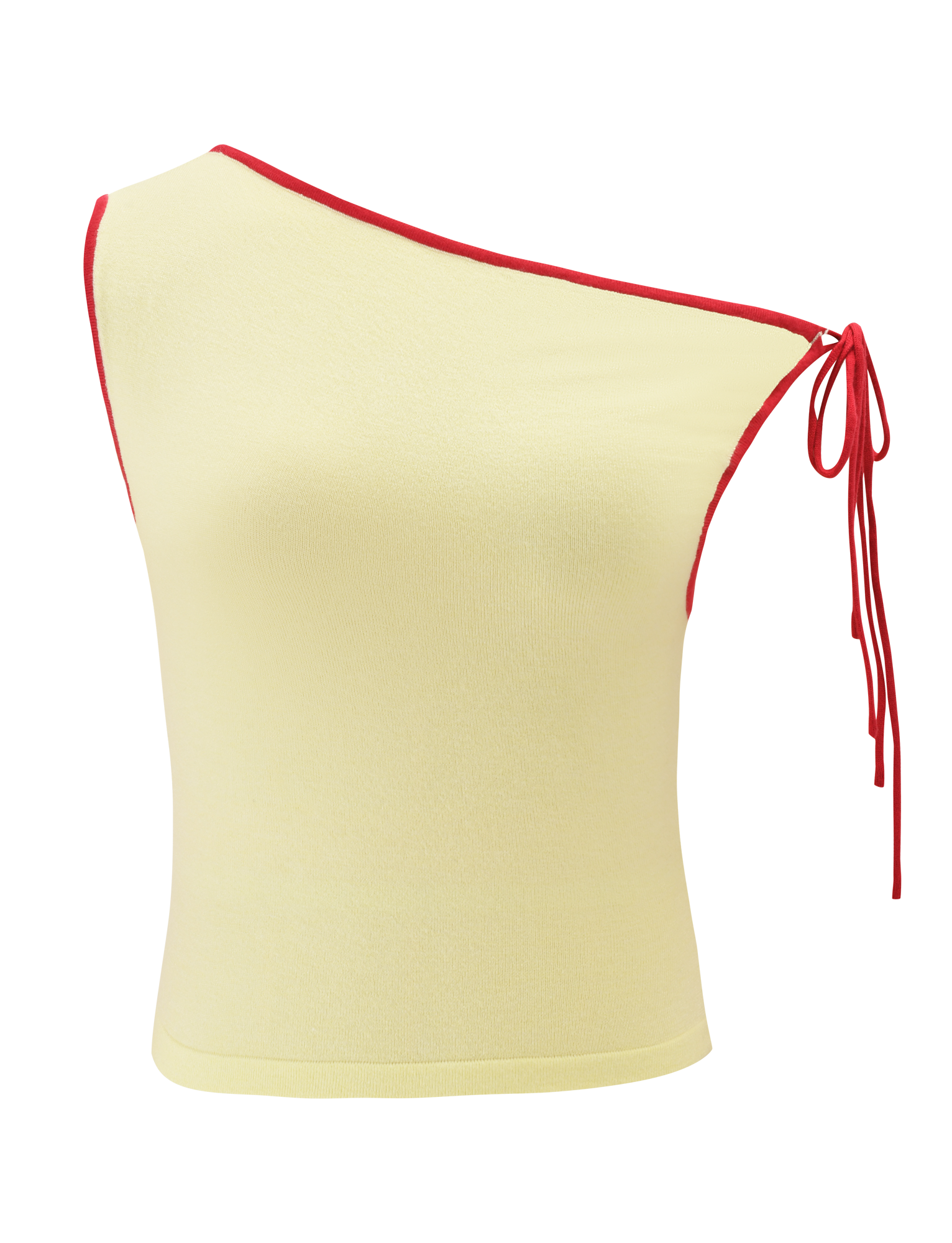 The ALIRA TOP - YELLOW by TIGERMIST is a light yellow, sleeveless top with an asymmetrical neckline and a stylish tie detail on one shoulder.