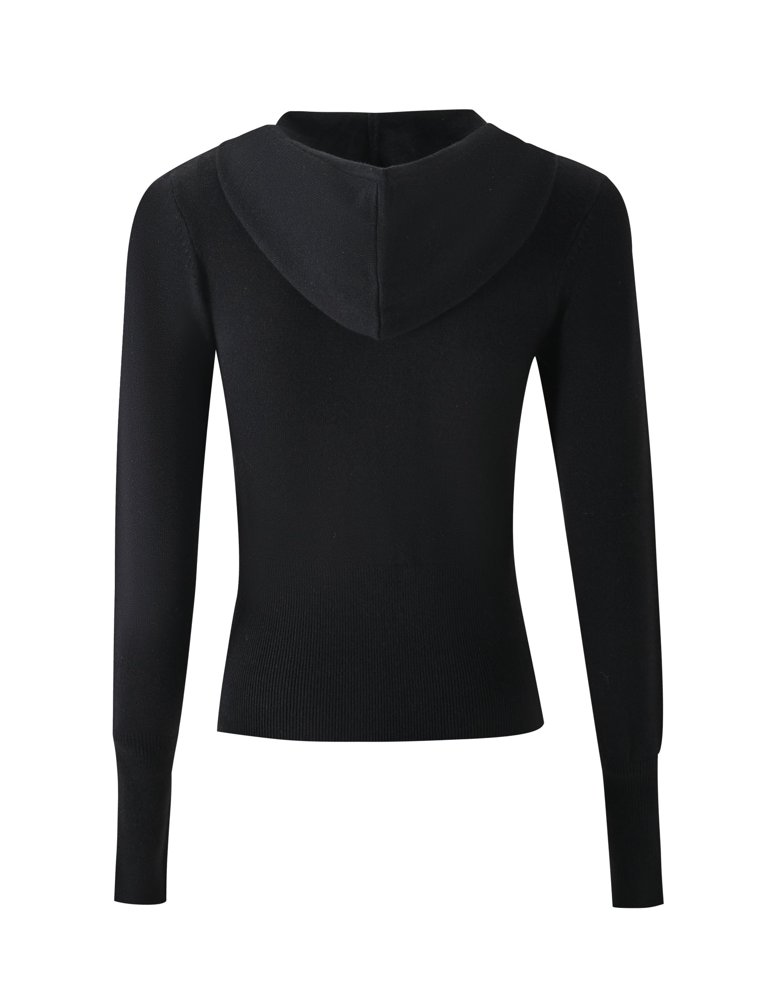 The SARINA JUMPER by TIGERMIST in black is a knit, long-sleeve hoodie with ribbed hem and cuffs, shown from the back. Its minimalist design stands out against a white background.