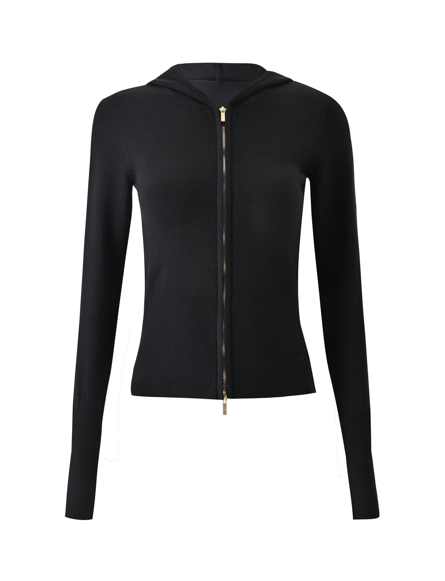 The SARINA JUMPER - BLACK by TIGERMIST is a fitted black knit hoodie with long sleeves and a minimalist gold front zipper, shown on a plain white background. No visible logos or patterns.