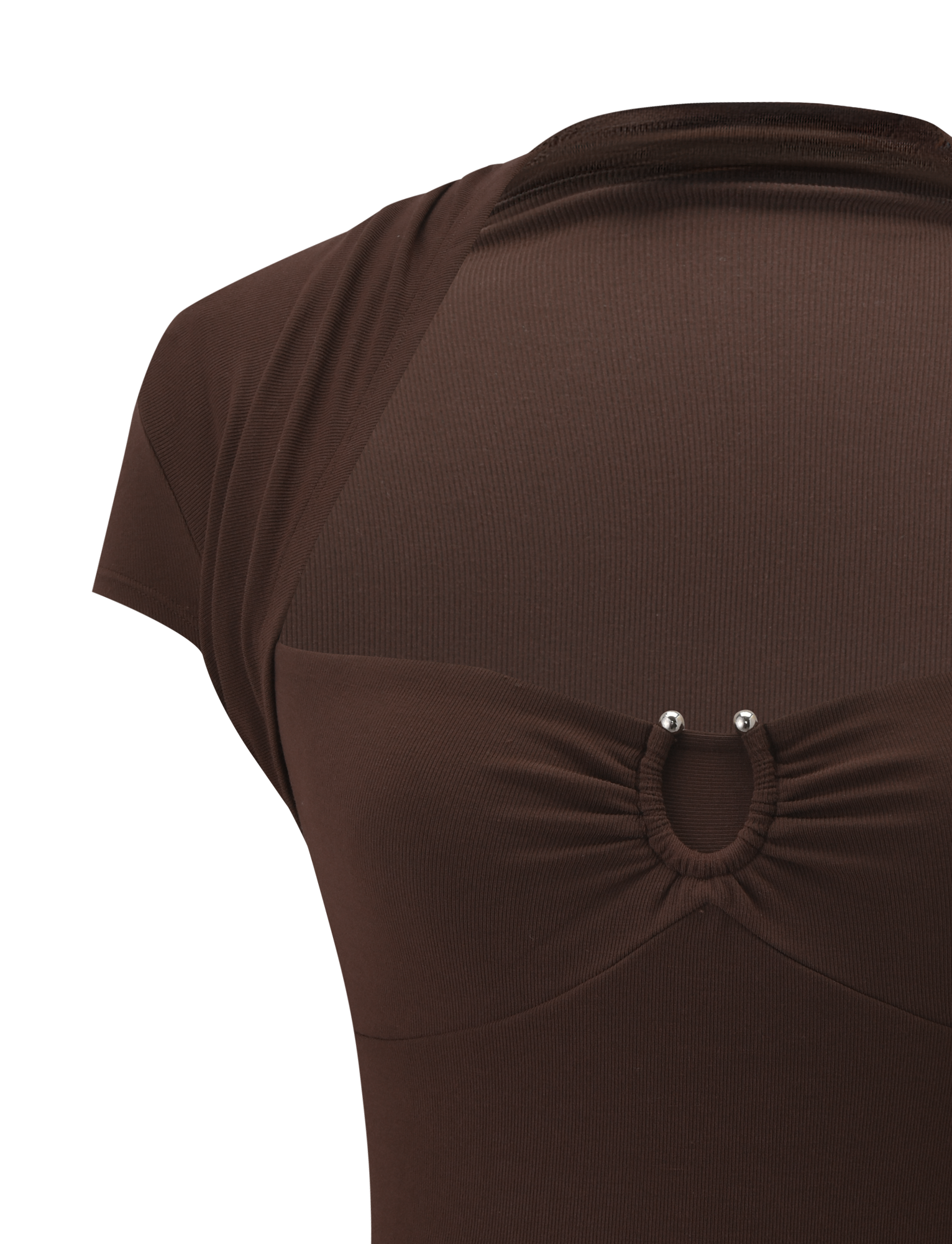 A close-up of the back of the TIGERMIST LUNARA TOP in chocolate, showing a circular gathered detail at the upper back with two small silver metal trim studs.