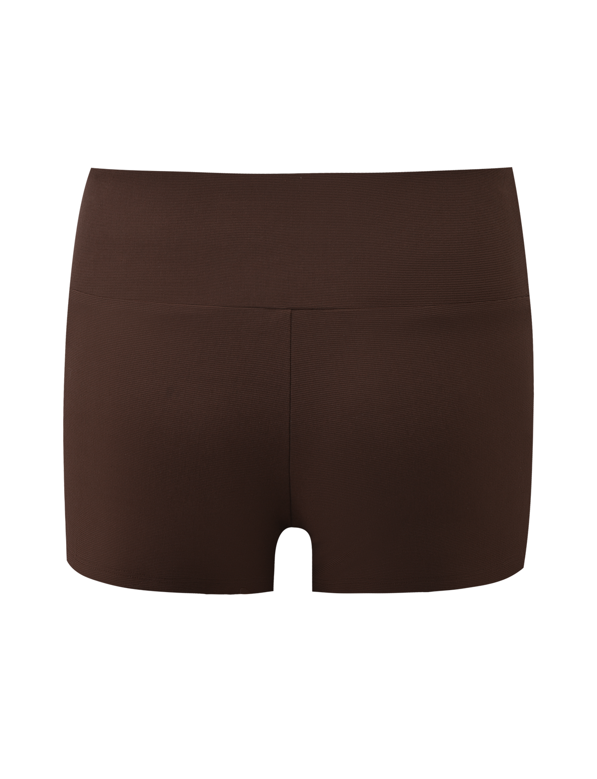 The LUNARA SHORT - CHOCOLATE by TIGERMIST are high-waisted, seamless mini shorts with a wide waistband and smooth fit, shown from the back against a white background.