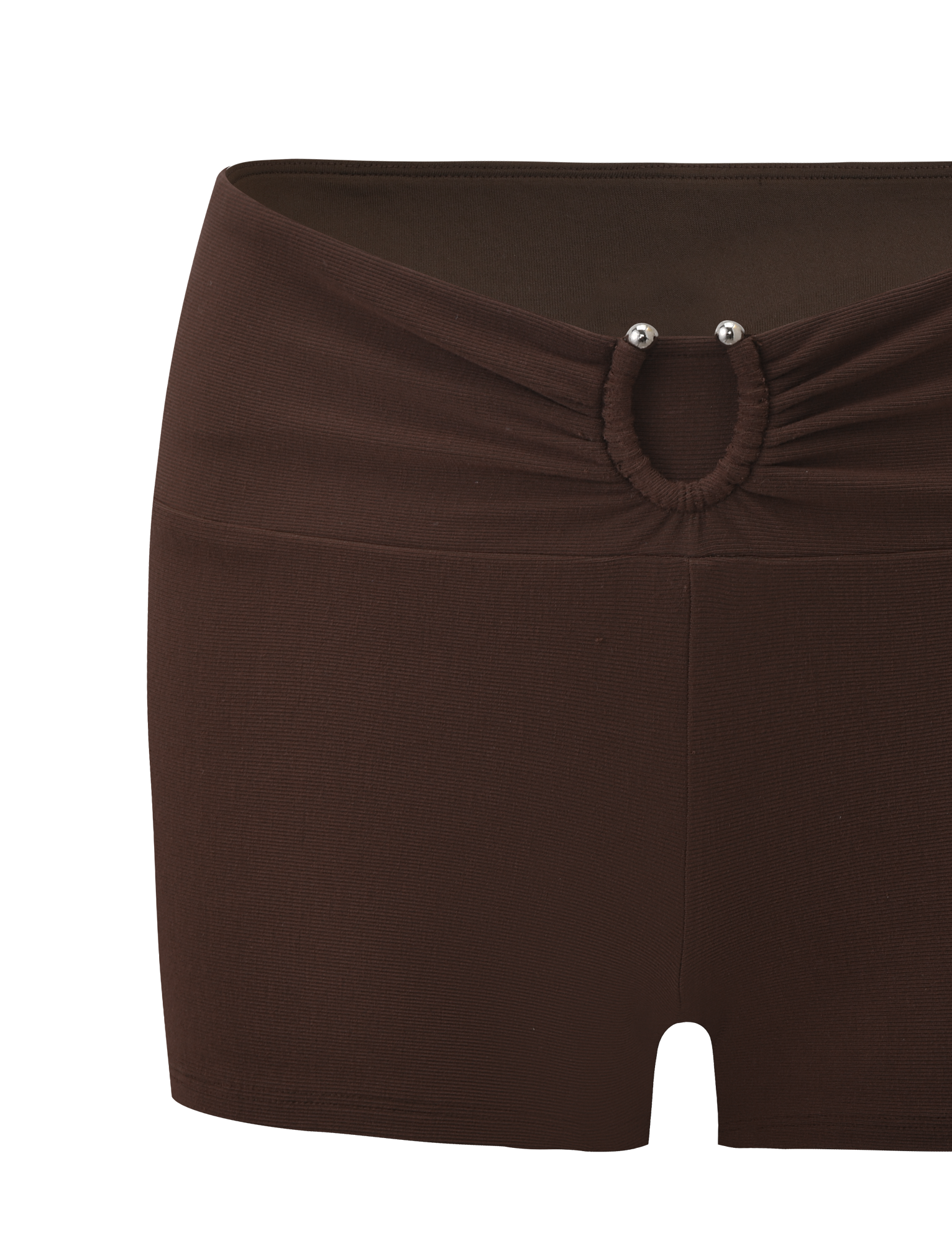 The LUNARA SHORT - CHOCOLATE by TIGERMIST is a high-waisted mini short in chocolate brown, featuring a smooth, fitted look with a ruched front detail, circular metal ring, and two metallic studs at the wide waistband.