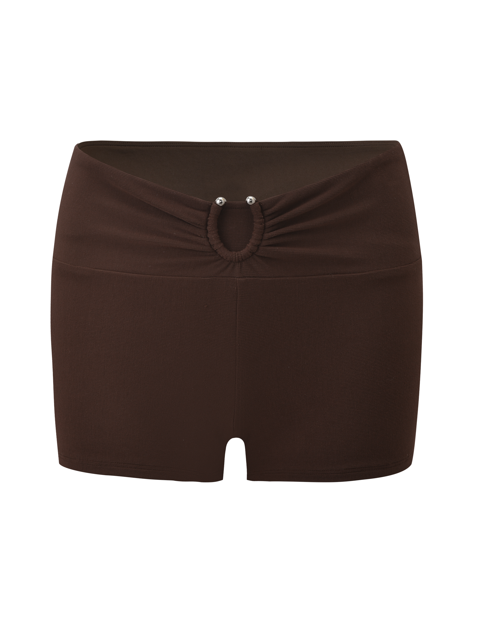 The TIGERMIST LUNARA SHORT - CHOCOLATE is a pair of mini shorts with a gathered waistband, ruched front, and a small circular cutout accented by two metallic studs.